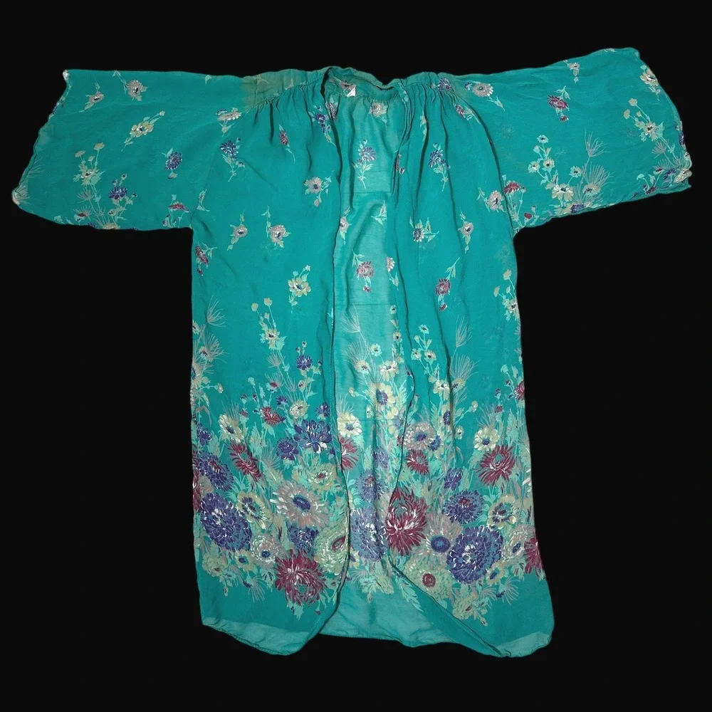 Vintage 70s Teal Floral Maxi Dress & Kimono Set ILGWU Made in USA Size 10
